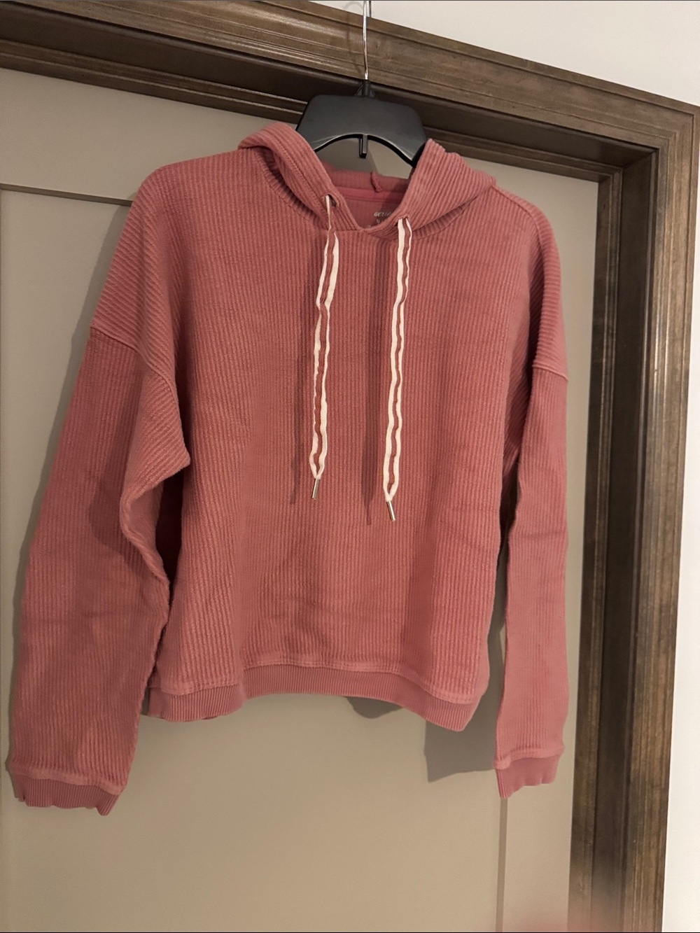Relaxed Dusty Rose Hooded Waffle Knit Pullover